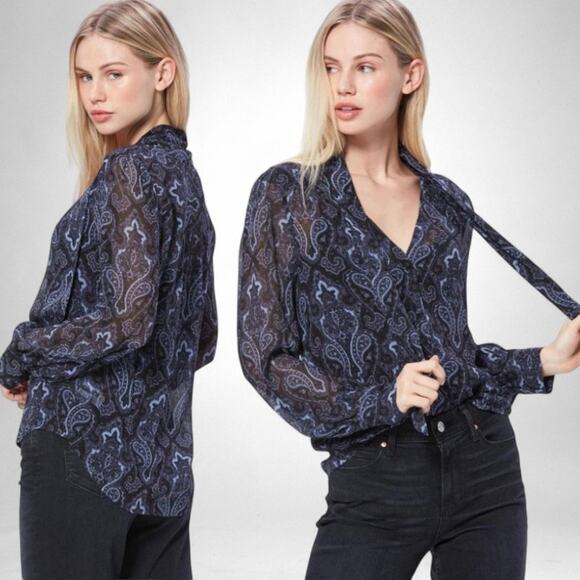 Paige Cleobelle Blouse Black Purple Paisley Silk Tie Neck L Moody Romantic Goth - Picture 3 of 10